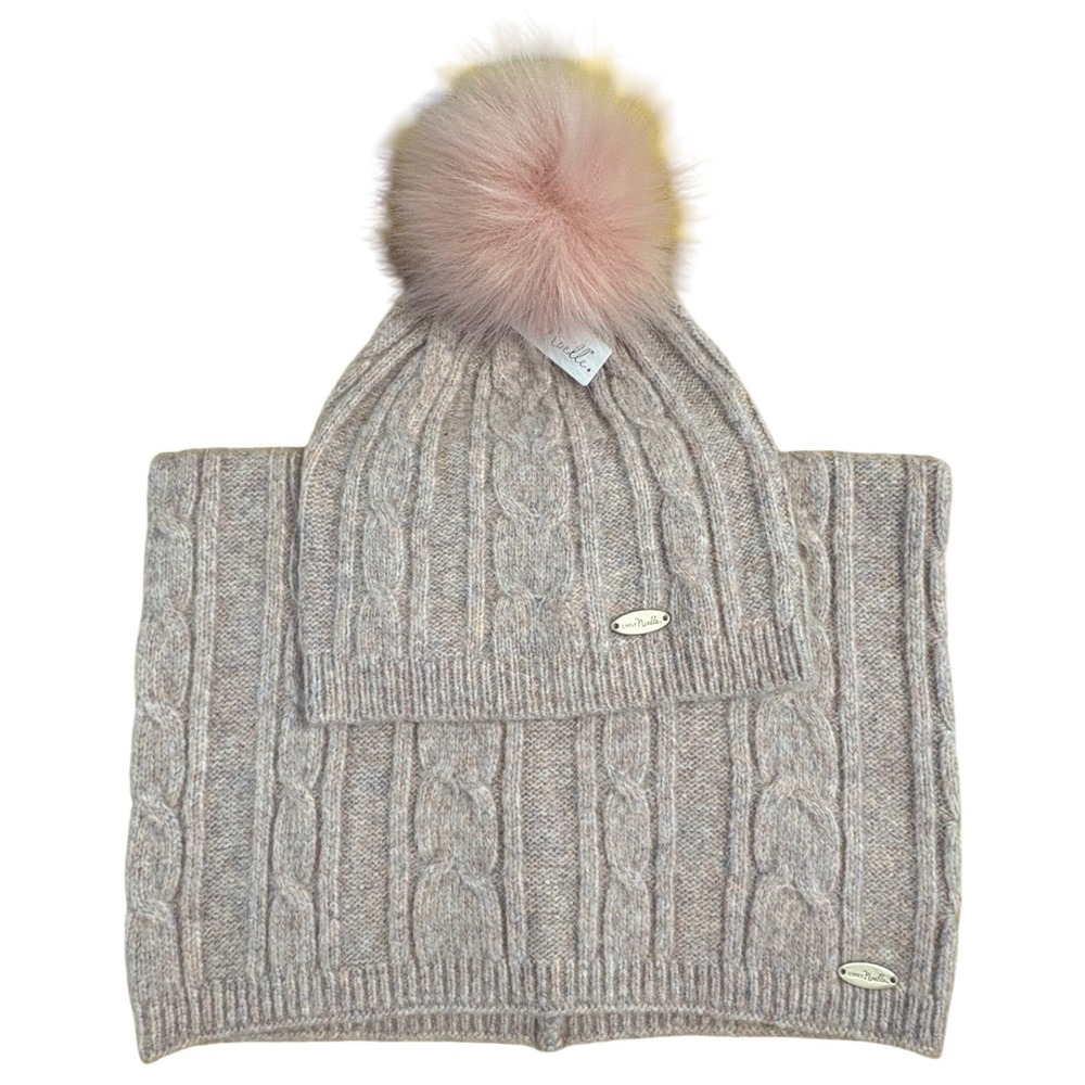 Simply Noelle Womens Cable Knit Pom Beanie Hat and Cowl Scarf Set Blush NEW